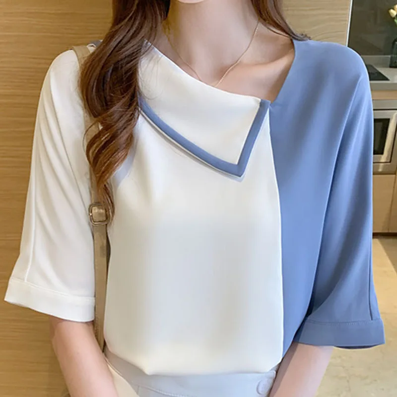 

Female Clothing Blusas Mujer De Moda 2022 Verano Elegantes Chiffon Shirt Women's Blouses Skew Collar Short Sleeve Spliced 106A