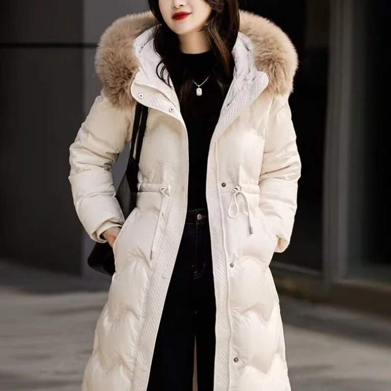 Hooded Down Coat for Women, Waist-Collar, Detachable Fox Fur Collar, Mid-length, Loose, Premium, Winter, New, 2024