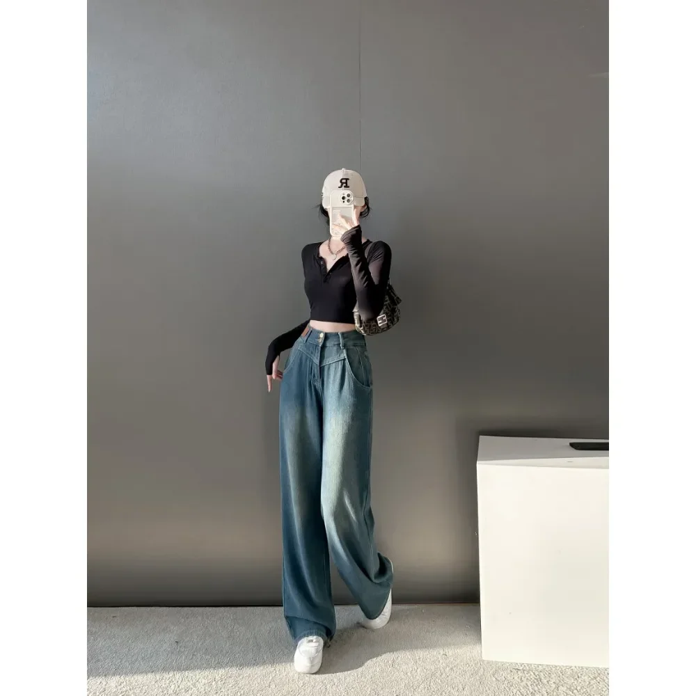 

Fashion Washed Denim Woman Trend Baggy Trousers Woman High Waist Pants Fluffy Napped Jeans Straight Wide Leg Casual Loose