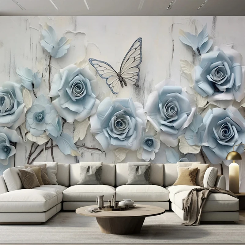 Custom Size 3D Embossed Wallpaper Blue Rose Flowers Butterfly Mural Paper Bedroom Living Room TV Background Wall Decor Painting