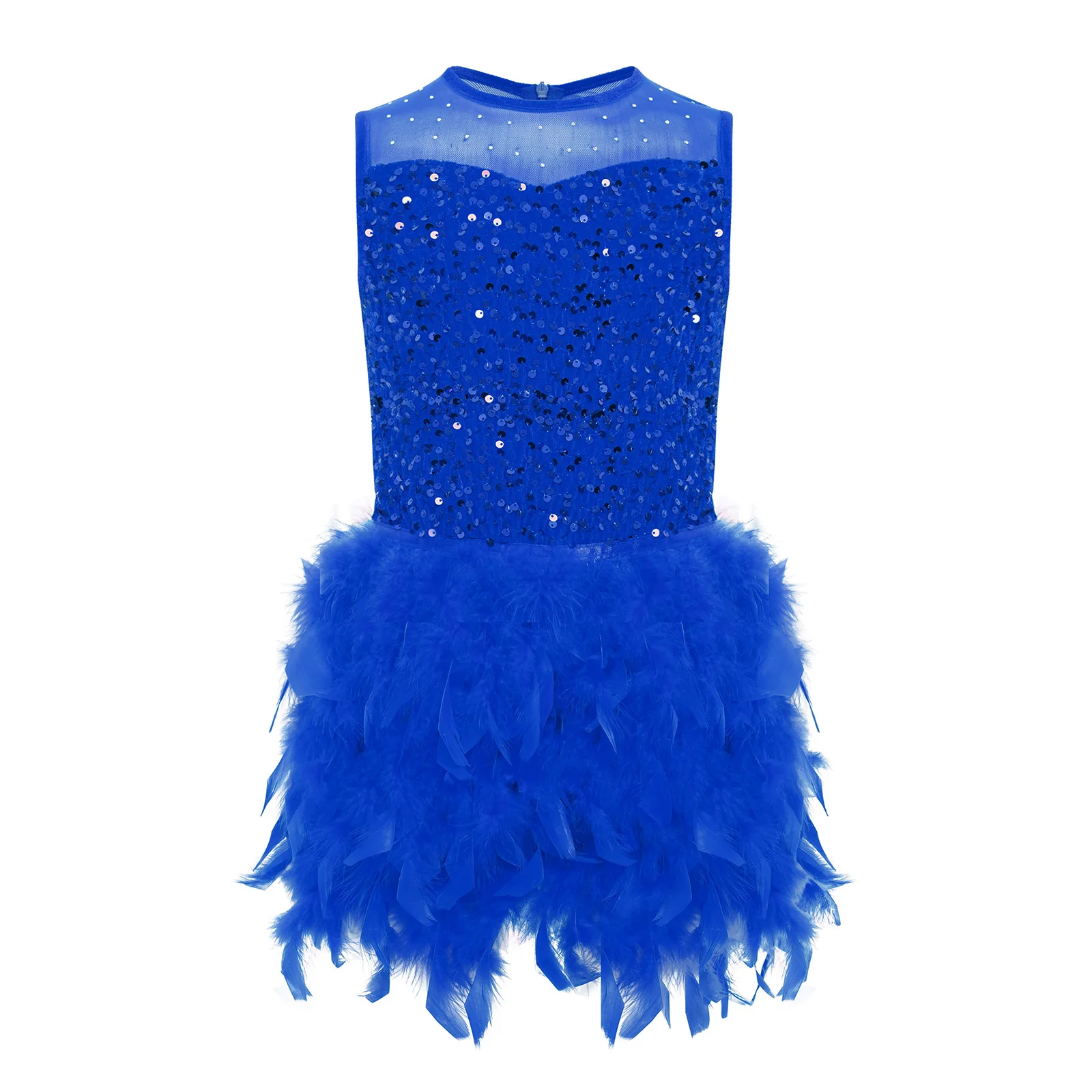 Kinder Mädchen Latein Jazz Tanzkostüm Pailletten Mesh Patchwork Feder Rockkleid Ärmelloses Ballett Tanzkleid Bodysuits