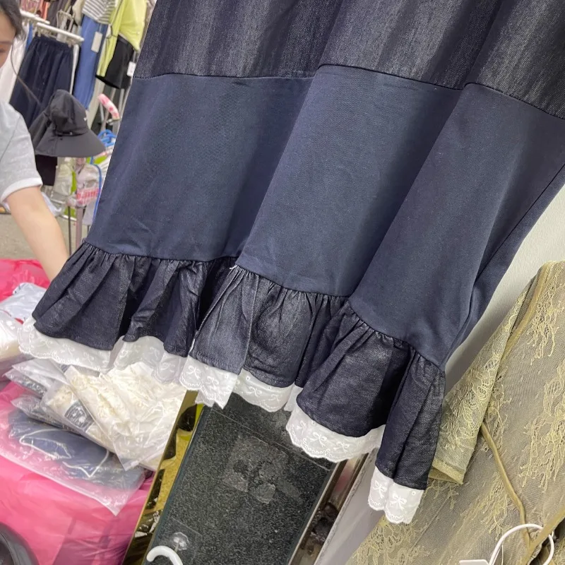 2025春夏新作 レースストライプ切り替え半袖クルーネックTシャツ ゆったり薄手ミディアム丈ワンピース レディース