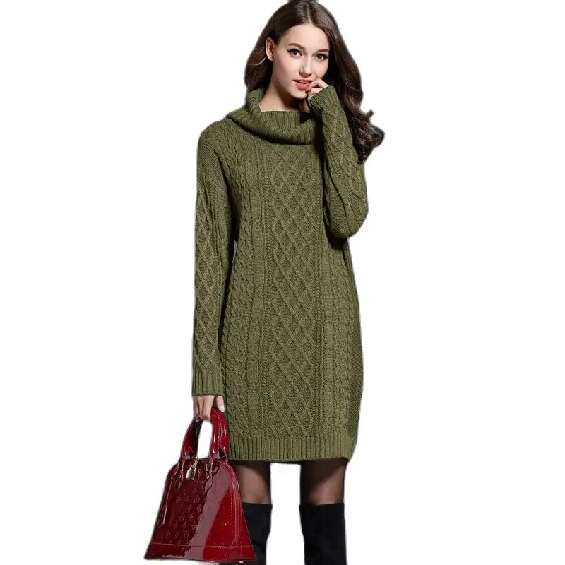 

2023 Fashion Long Turtleneck Sweater Women Autumn Winter Straight Knitted Dress Female Oversize Twists Thicken Pullover Sweaters