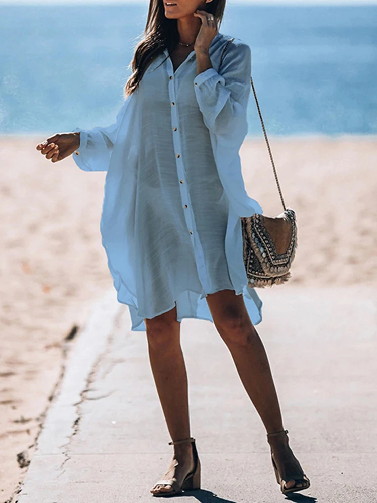 Einfarbiges, lässiges Langarmkleid für Damen, Damen-Badeanzug mit Sonnenschutz-Strandrock, erhältlich in mehreren Farben