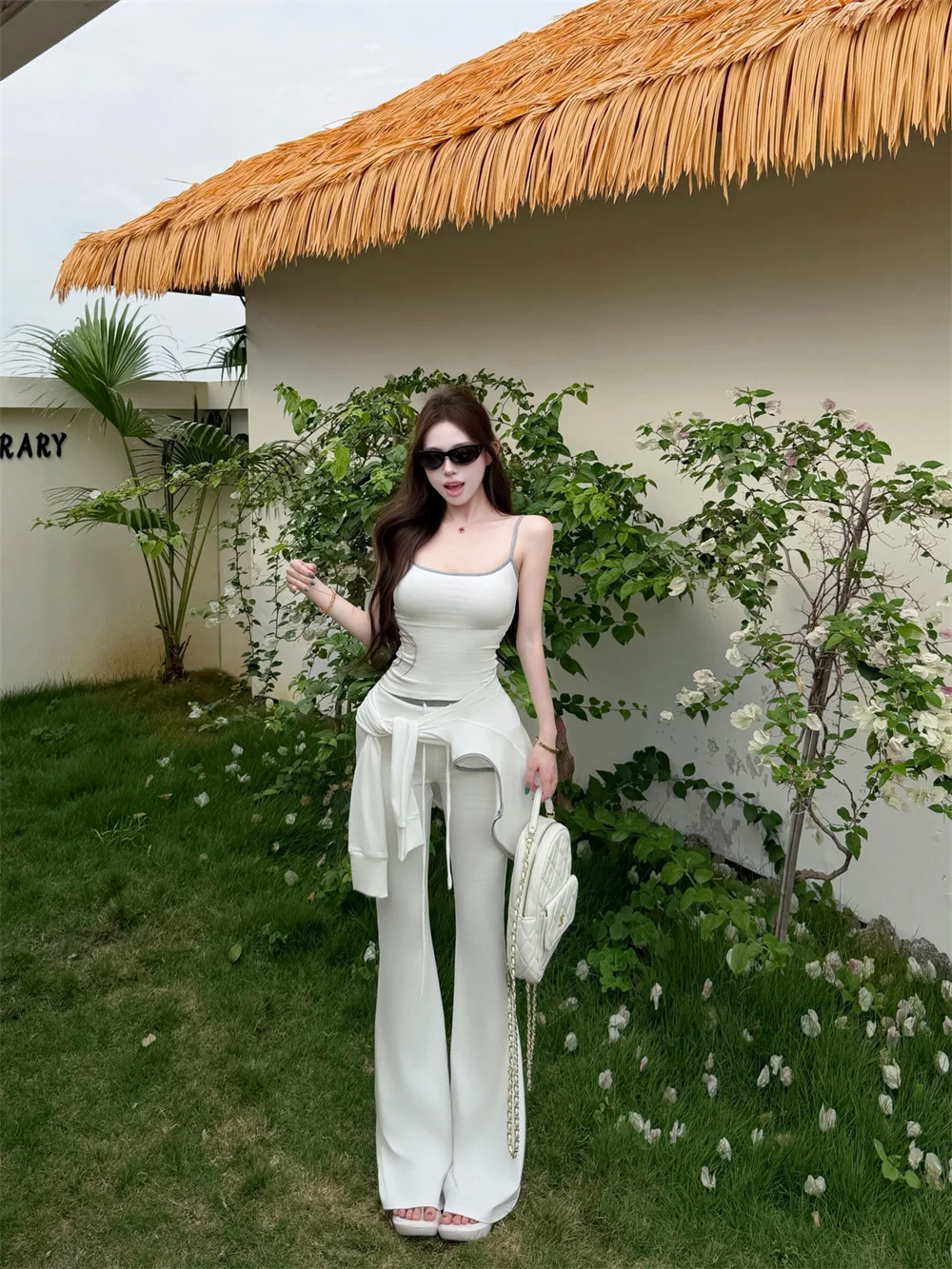 

White Open Cardigan Women's Summer Slim Fit Casual Pants Three Piece Set High Waist Long Pants Long Sleeve Pure Color