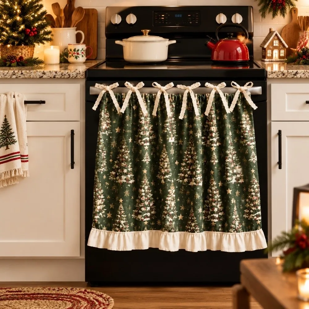 Ruffle Edge Christmas Oven Short Curtain Snowman Deer Decorative Kitchen Stove Short Curtain Xmas Tree Countryside Style