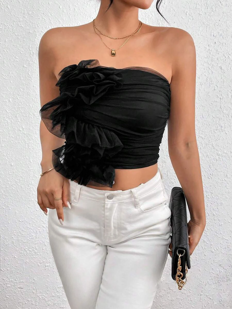 Top sin tirantes plisado de malla sexy elegante estilo veraniego para mujer