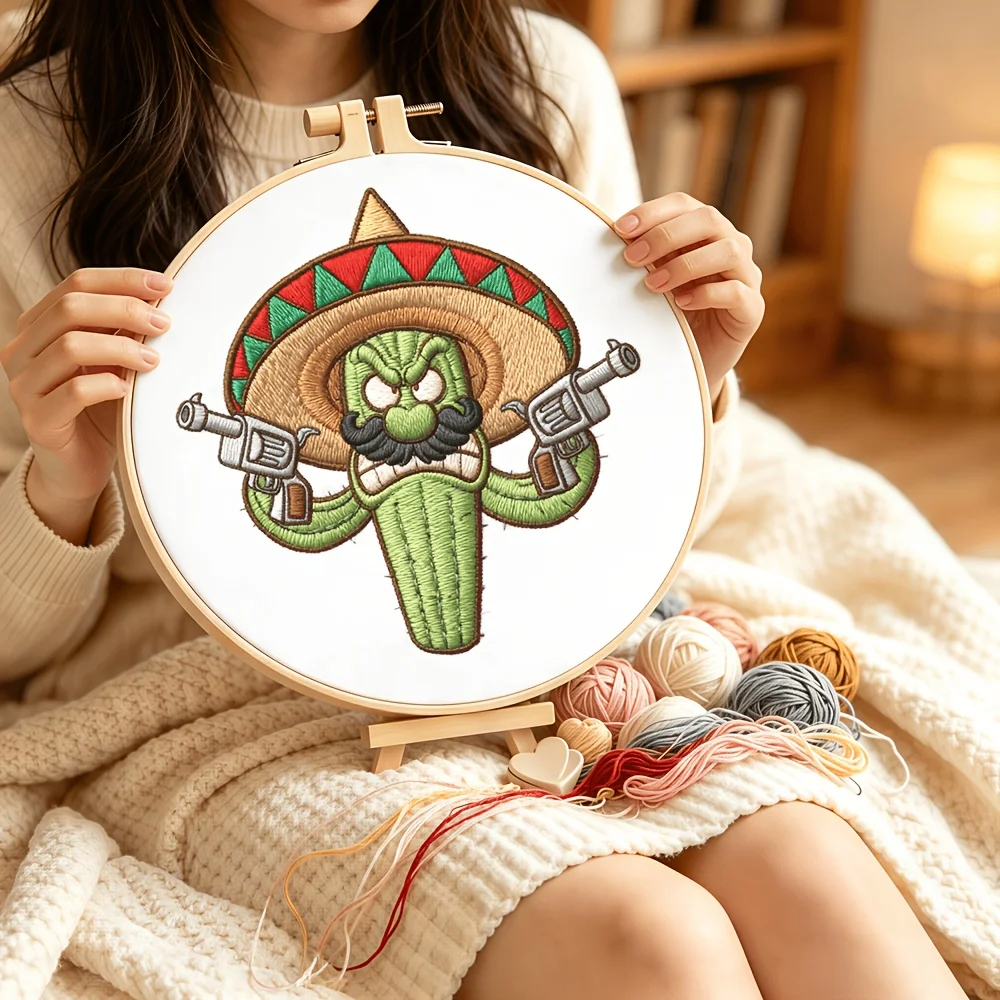 Embroidery Stitch Practice Kit Pre‑Printed Fabric Bamboo Hoop Thread Needles Learning Hand‑Stitching Craft Set