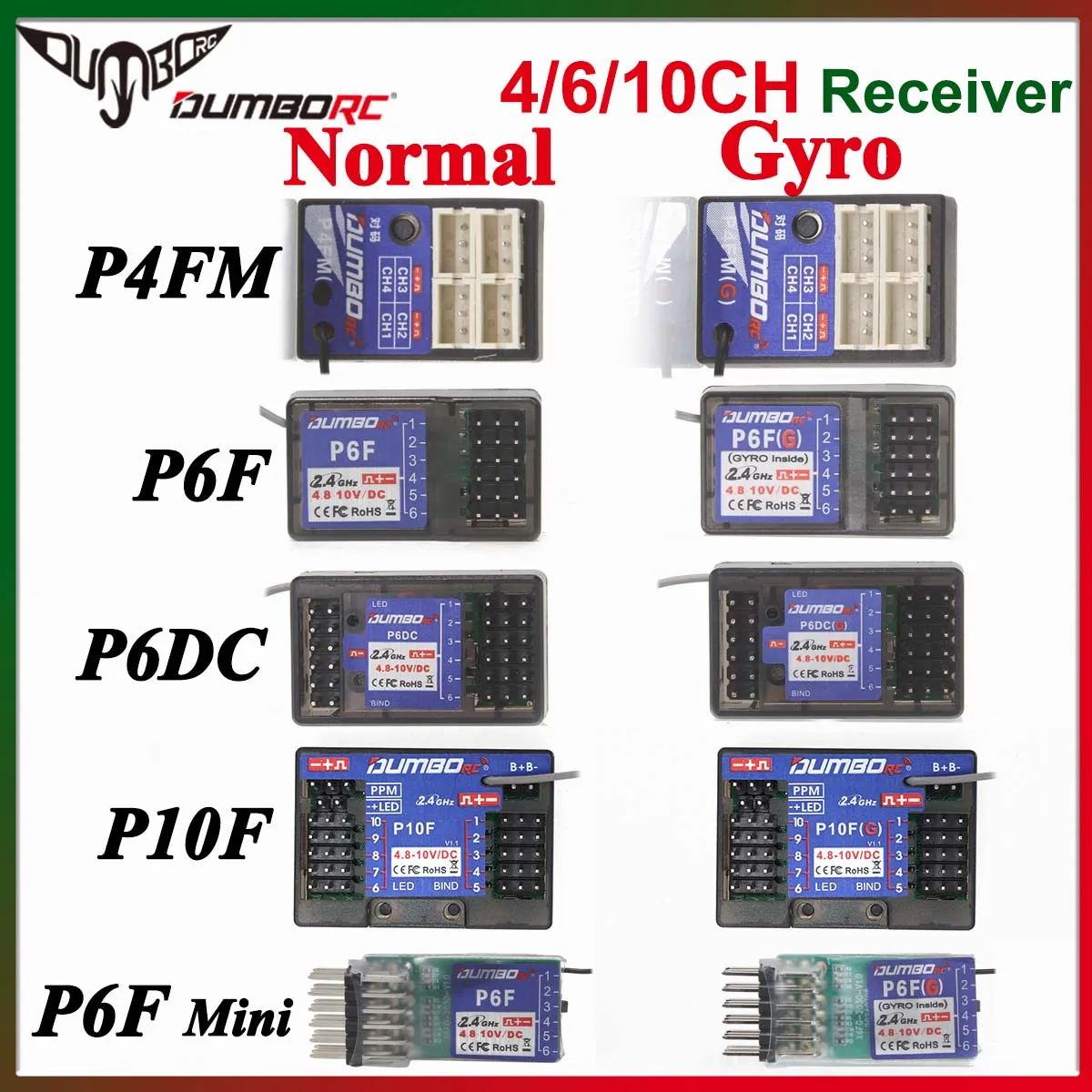 DUMBORC P6DC P10F P4FMG P6FG Mini 4CH 6CH 10CH 10 Channel Gyro Receiver Voltage Return for X4 X6 DDF-350 Transmitter RC Car Boat