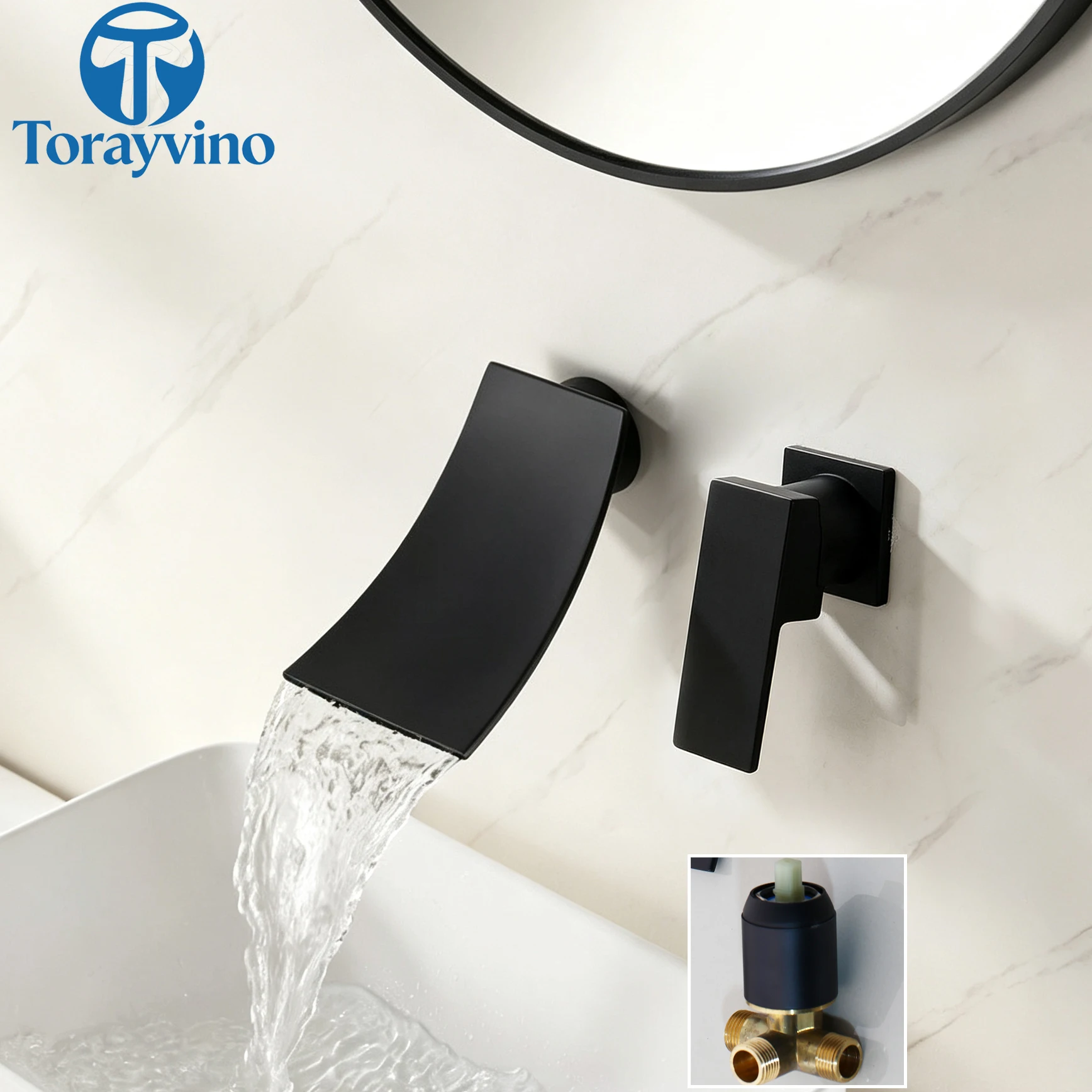 Torayvino Bathroom Black Sink Faucet Wall Mount Waterfall Spout Bathtub Faucet Basin Shower Systerm Faucet Set Bath Mixer Tap