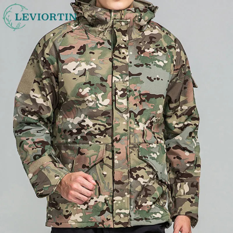 

Men's Fleece Lined Outdoor Hooded Jacket Camouflage Waterproof Shark Skin G8 AssaultThick Warm Windbreaker Jacket for Male