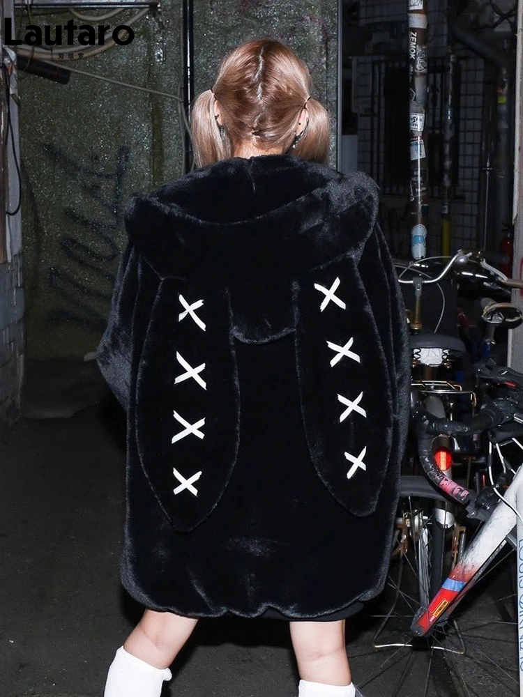 Lautaro Faux Fur Coat Women Purple Bunny Ears Hoodie