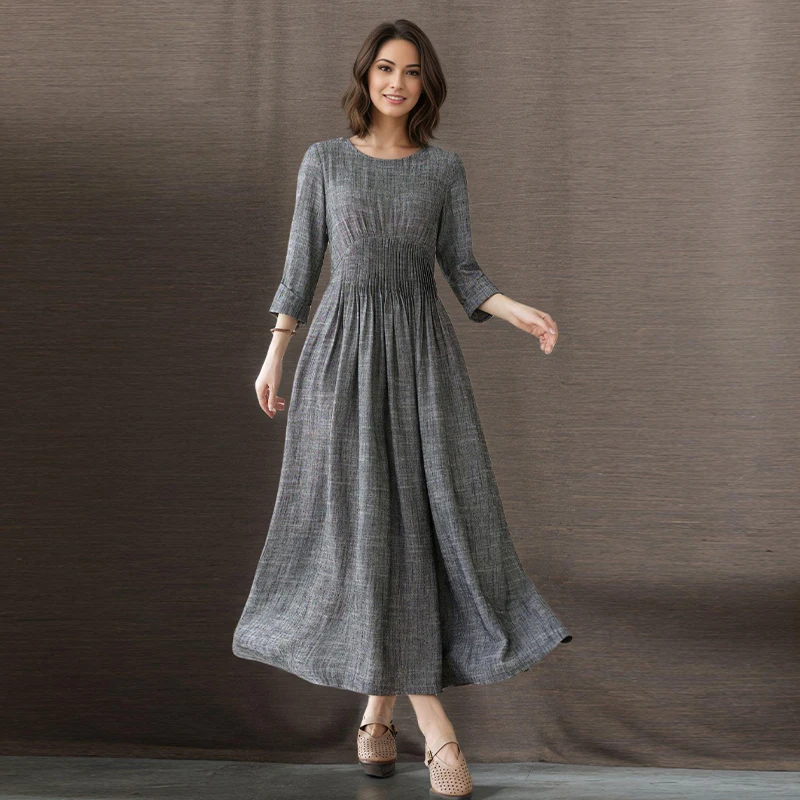

2026Casual Grey Linen Dress for Women - Loose Fit Round Neck Midi Dress with 3/4 Sleeves