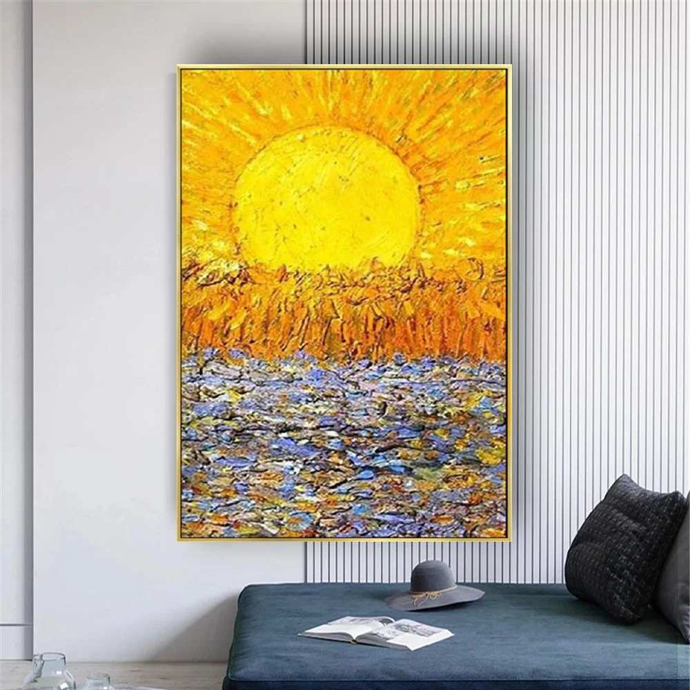 Classic Design Orange Ocean Sunrise Wall Art Picture Hand-Painted Landscape Oil Painting Decor Living Room Canvas Poster Artwork