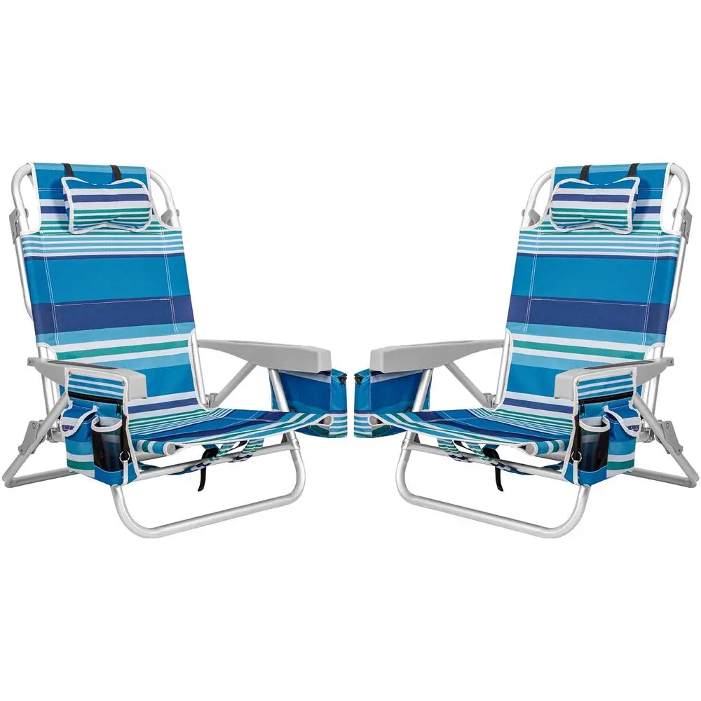 Aluminum Extra Wide 5Position Lay Flat Folding Backpack Beach Chairs for Adults, with Cooler Bag, CupampPhone Holder, Towel Bar