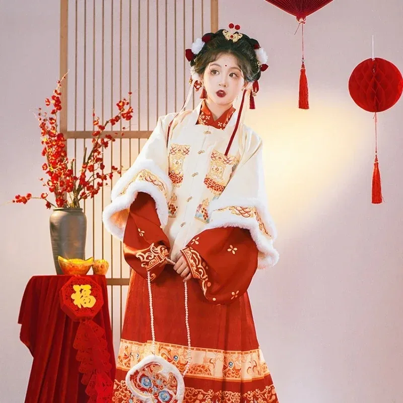 Hanfu women's Ming-made jacket skirt thickened and velvet Chinese style winter square collar horse face New Year's greeting