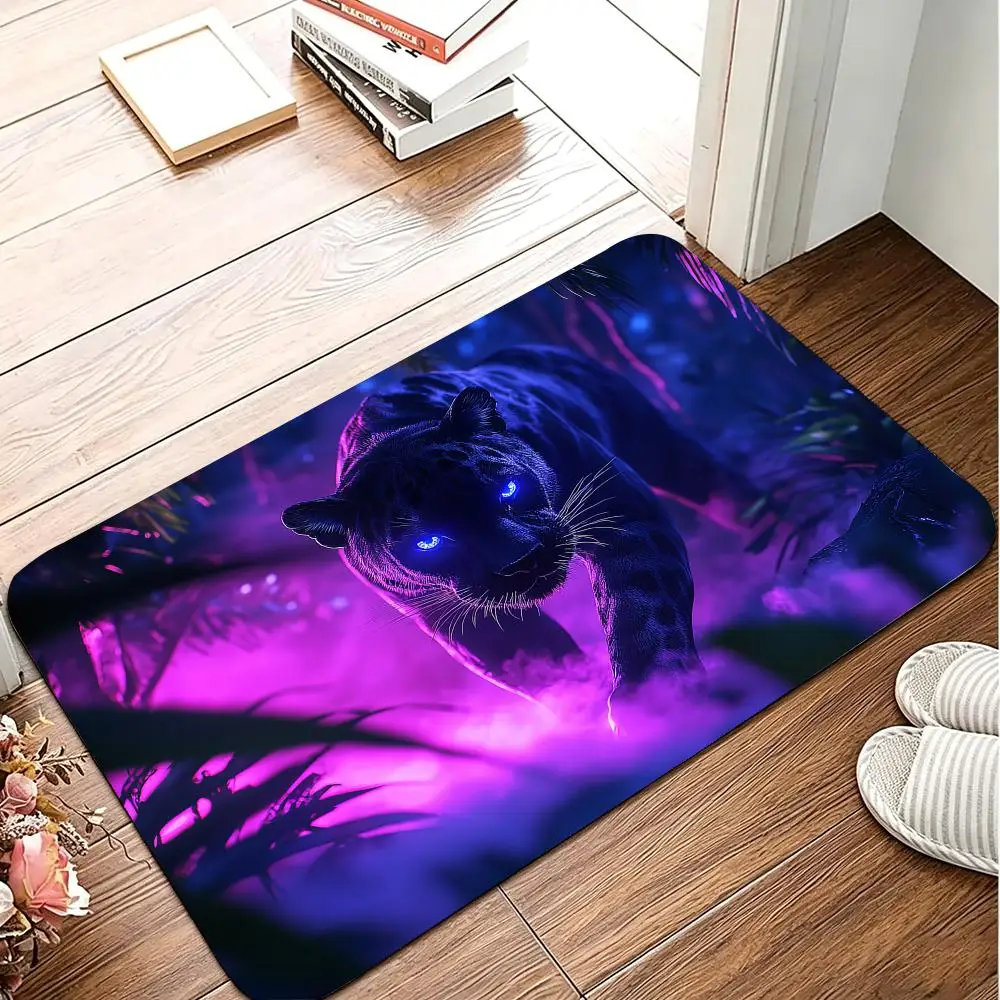 Majestic Cyberpunk Panther Floor Mat Flannel Rug Soft Non Slip Washable Door Mat For Bathroom Bedroom Kitchen Home Decor