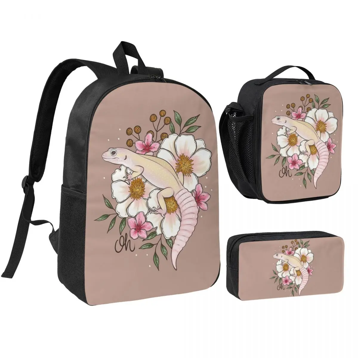 

Leopard Gecko Murphy's Patternless With Florals Backpack BookBag School Bag Shoulder Bags 3ps Insulated Lunch Bag Pencil Case