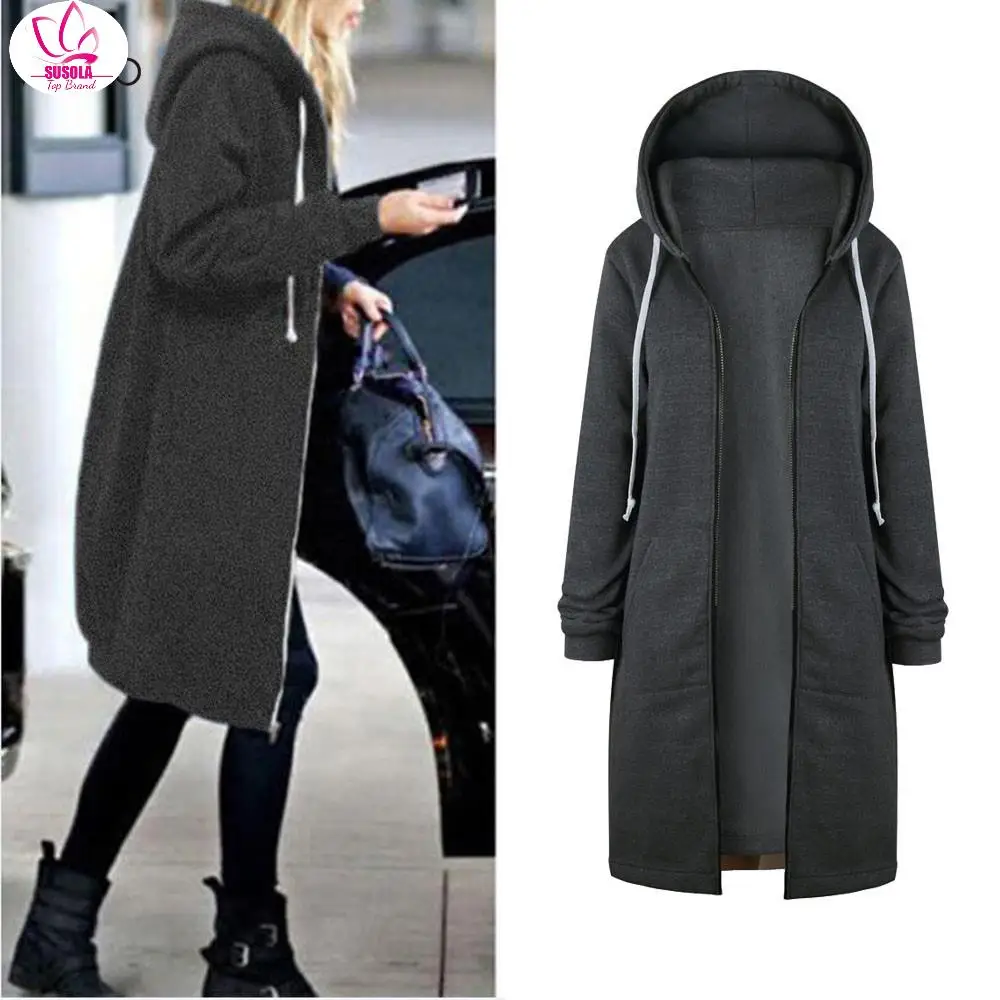 SUSOLA Autumn Winter Coat Women Lady Casual Long Zipper Hooded Jacket Hoodies Sweatshirt Vintage Outwear Coat 5XL