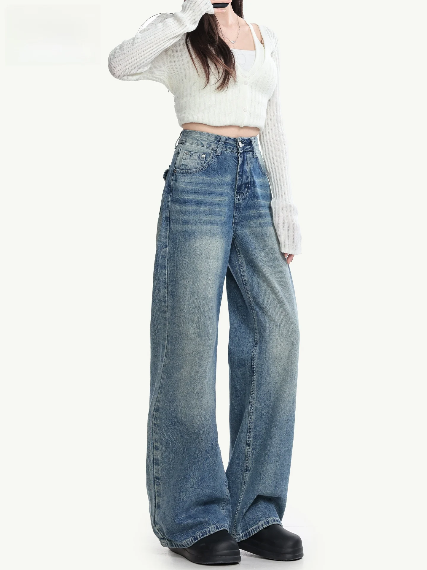 

American Style High Waist Straight Leg Jeans Women's Light Blue Summer Loose Fit Slimming Design Wide Leg Pants