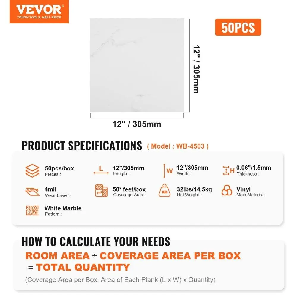 자가 접착 비닐 바닥 타일 12x12인치 50개 타일 1.5mm 두께 흰색 대리석 질감 붙였다 떼었다 할 수 있는 DIY 바닥재 주방에 이상적