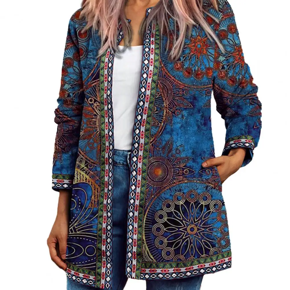 Cardigan da donna con scollo a U stampa floreale colori ricchi tasche a maniche lunghe Colorfast giacca etnica allentata a punto aperto Vintage muslimah ninny