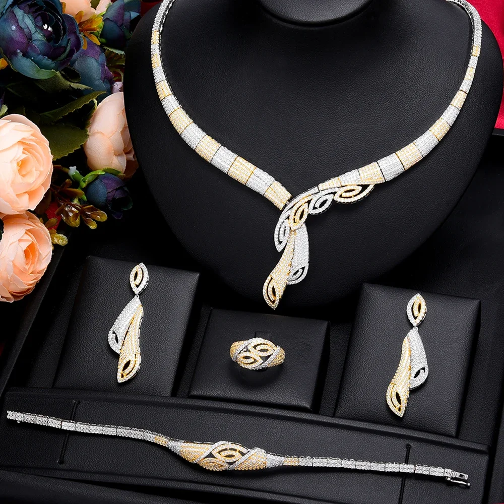 

Soramoore Luxury Gorgeous Bow 4PCS Necklace Bracelet Earrings Ring Set For Women Wedding Party Costume Bridal Jewelry Sets