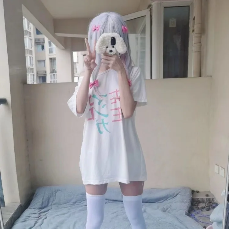 

Anime Short Sleeved Japanese T-shirts 2025 Summer New Cotton White Tee Shirt Y2k O-neck Mid-length Loose Top For Women