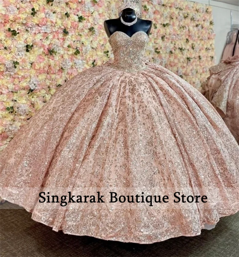 Sparkly Rose Gold Princess Quinceanera Dresses With Bow Ball Gown Glitter Appliques Crystals Beads Sweet 15th Dress  Customized