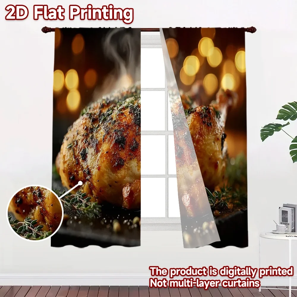 2D flat 2pcs Curtain Vintage drapes and curtains Thanksgiving Roast Chicken Durable polyester fiber Holiday Decorations for