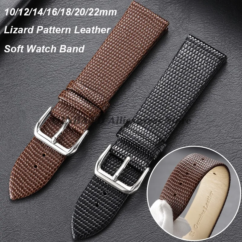 10mm 12mm 14mm 16mm 18mm 20mm 22mm Leather Watch Strap Lizard Pattern Thin Watch Band Head Layer Calfskin Needle Buckle Bracelet