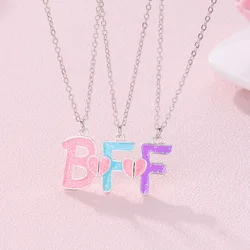 Lovecryst 3Pcs/set Colorful Glitter Pendant BFF Letter Magnetic Necklaces for 3 Kids Girls Friendship Children Jewelry Gifts