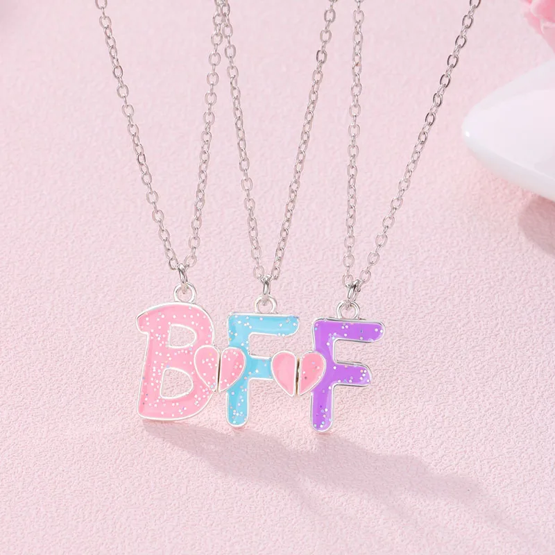 Lovecryst 3Pcs/set Colorful Glitter Pendant BFF Letter Magnetic Necklaces for 3 Kids Girls Friendship Children Jewelry Gifts