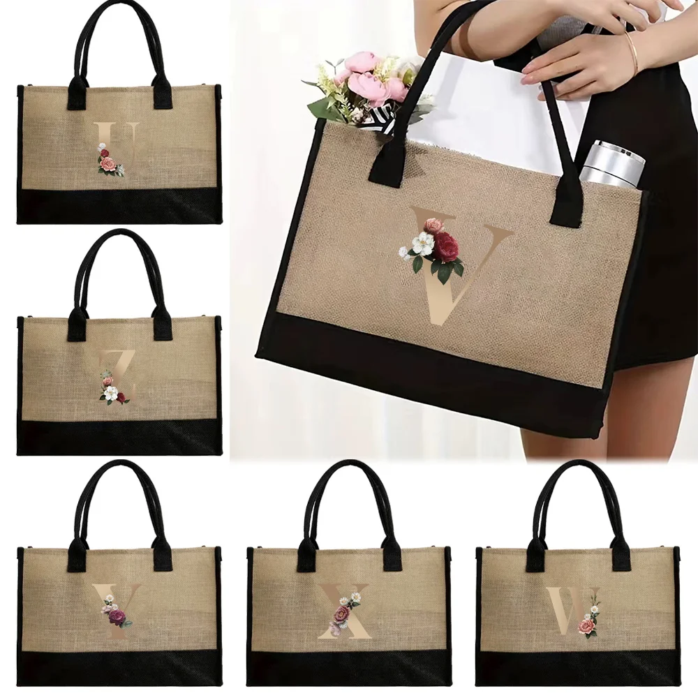 

Jute Beach Bag Ladies Handbag Women Holiday Shopping Bags Casual Fashion Grocery Storage Bag Original Gold Letter Printing