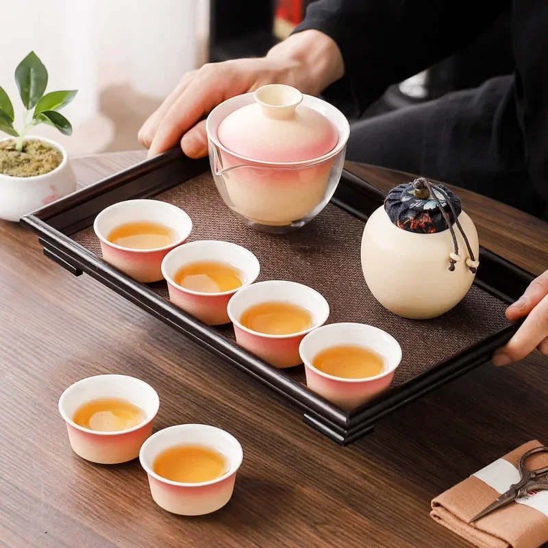 Chinese Style Gradient Color Stoneware Hovering Tureen Tea Set Portable Travel Tea Set One Pot Three Cups Quick Cup Complete Set