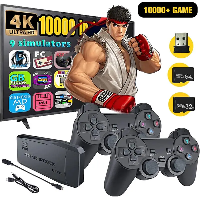 

Top 4K HD Video Game Console 2.4G Double Wireless Controller For PS1/FC/GBA Retro TV Dendy 10000 Games Stick