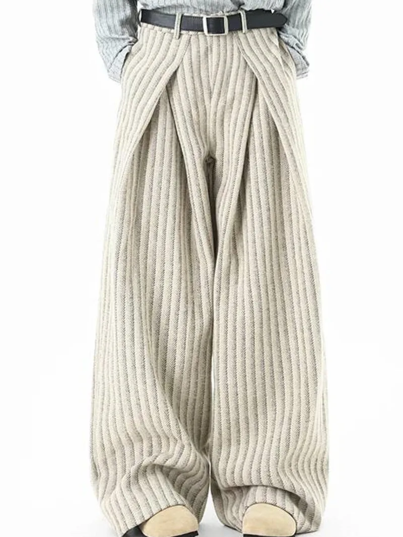 Niche Design Men's Casual Trousers Striped Contrast Color Woolen Pleated Loose Straight Wide Leg Casual Male Pants 9XD4EG