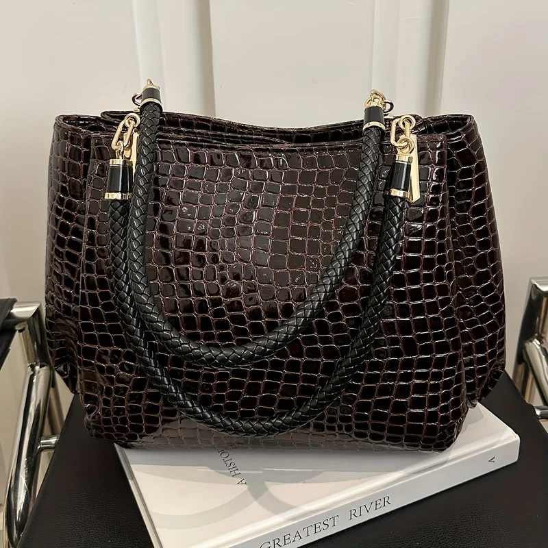 

1 piece Women's Crocodile Pattern Solid Color Handbag, Fashion Retro Shoulder Bag, Daily Use Commuter Bag, Birthday Gift