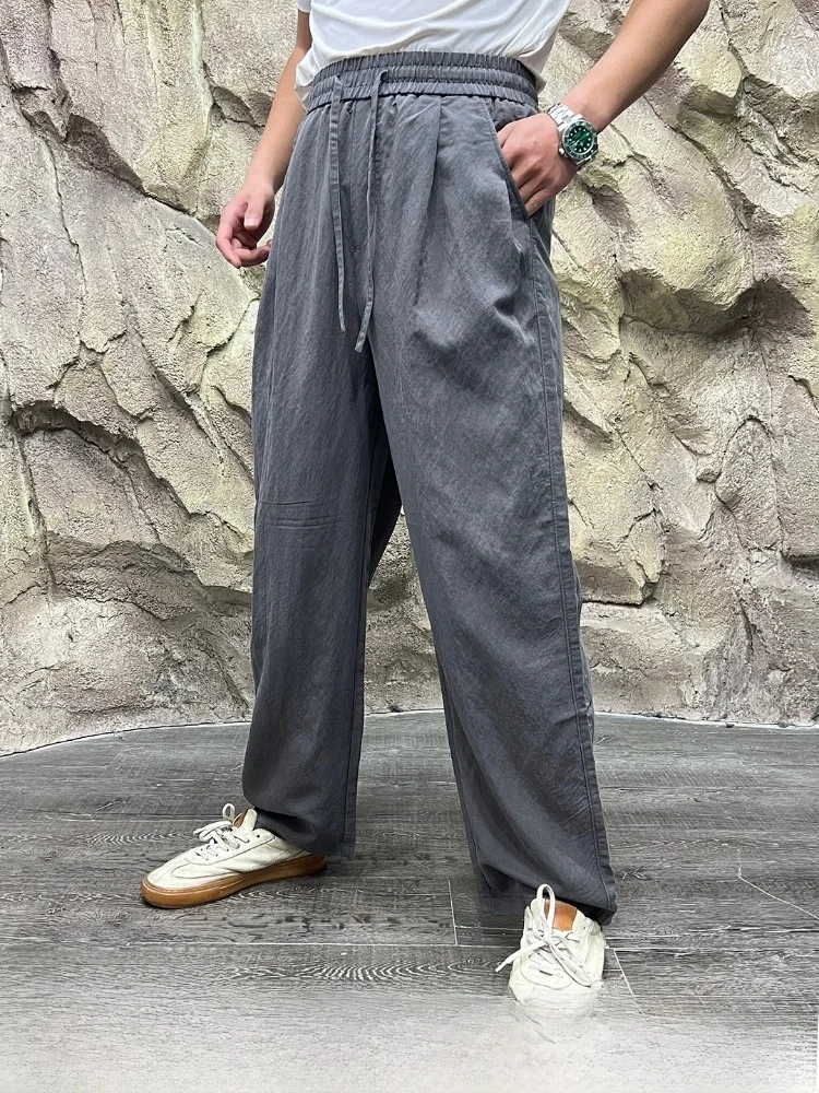 Linen  Elastic Waist Casual Pants Men's Spring Summer Breathable Comfortable Commuting Loose Fit Straight Leg Trousers