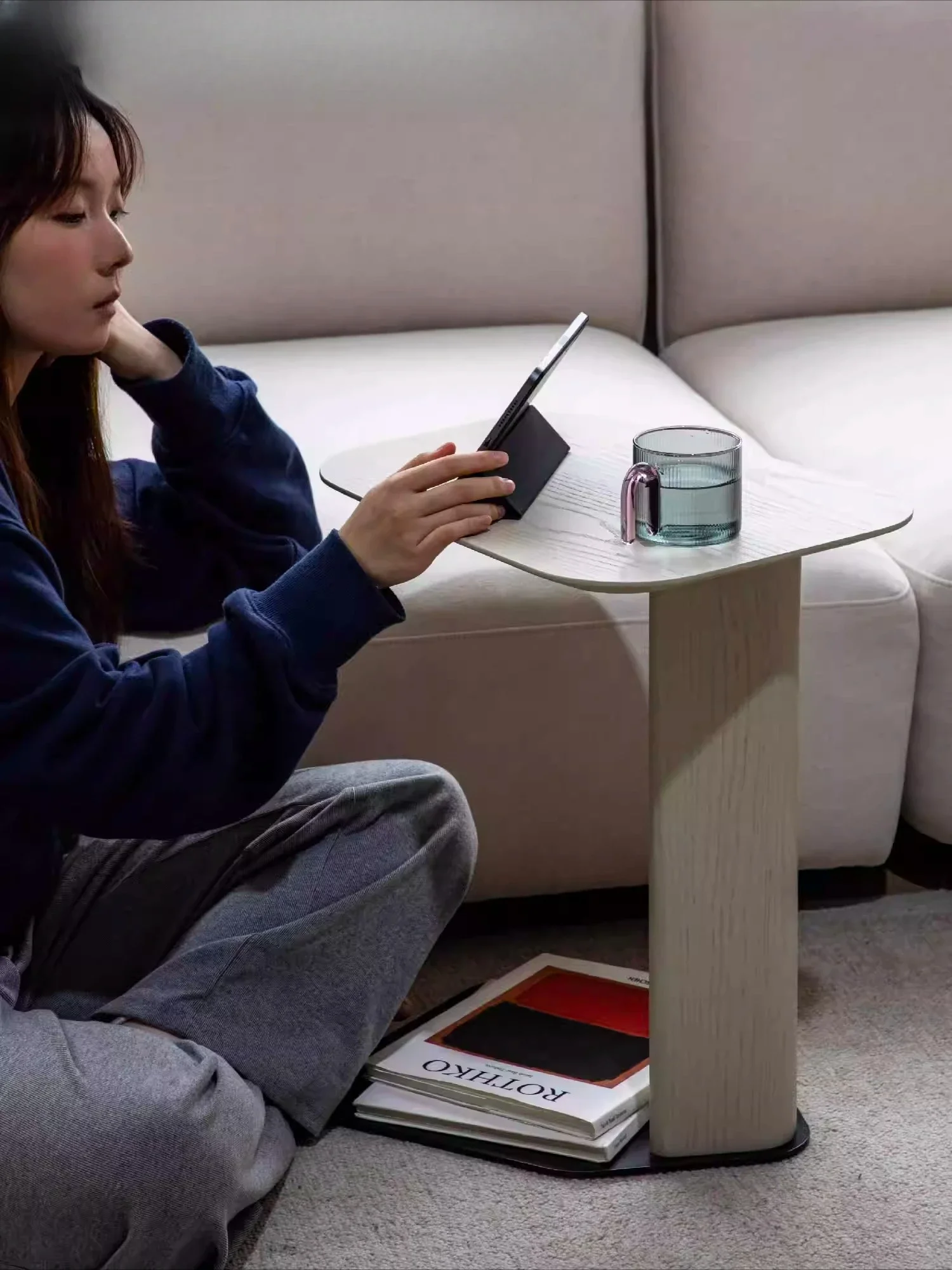 Solid wood minimalist blue ash wood design sense wabi-sabi wind special-shaped coffee table sofa side table
