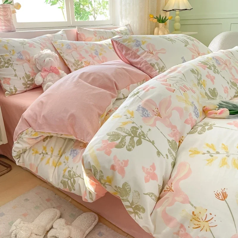 Pink Floral Duvet Cover Twin King Size Chic Garden Flower Bedding Set Cotton Village Botanical Comforter Cover with 2 Pillowcase