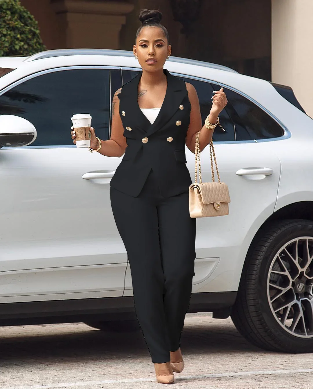 BWQ 2024 Women Summer Sleeveless Notch Neck Blazers Long Pants Suit Two Piece Set Vintage Office Lady Tracksuit Outfit Overall