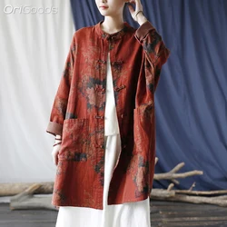 OriGoods Chinese Traditional Clothes Long Shirt Woman Flower Print Vintage Oversized Shirt Cotton Linen Loose Long Blouse X012