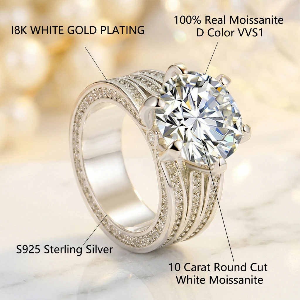 6 Prong Moissanite Ring, 925 Silver, D Color VVS1, 10ct Triple Pave Shank, Men's Light Luxury Engagement, w/ Cert