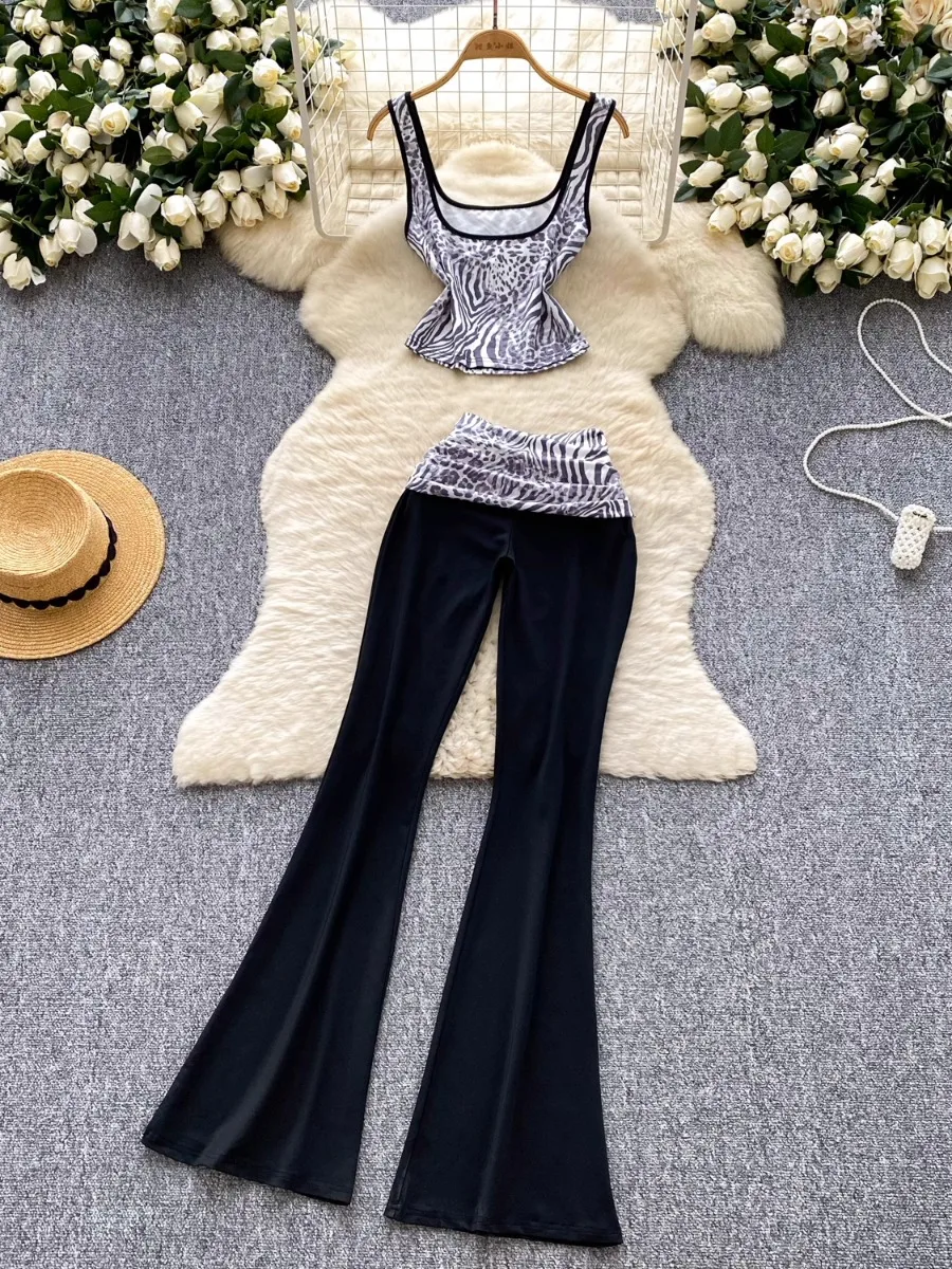 

Foamlina Trendy Leopard Print Halter Vest Set Women Pure Desire Sexy Hot Girl Slim Fit High Waist Patchwork Casual Pants
