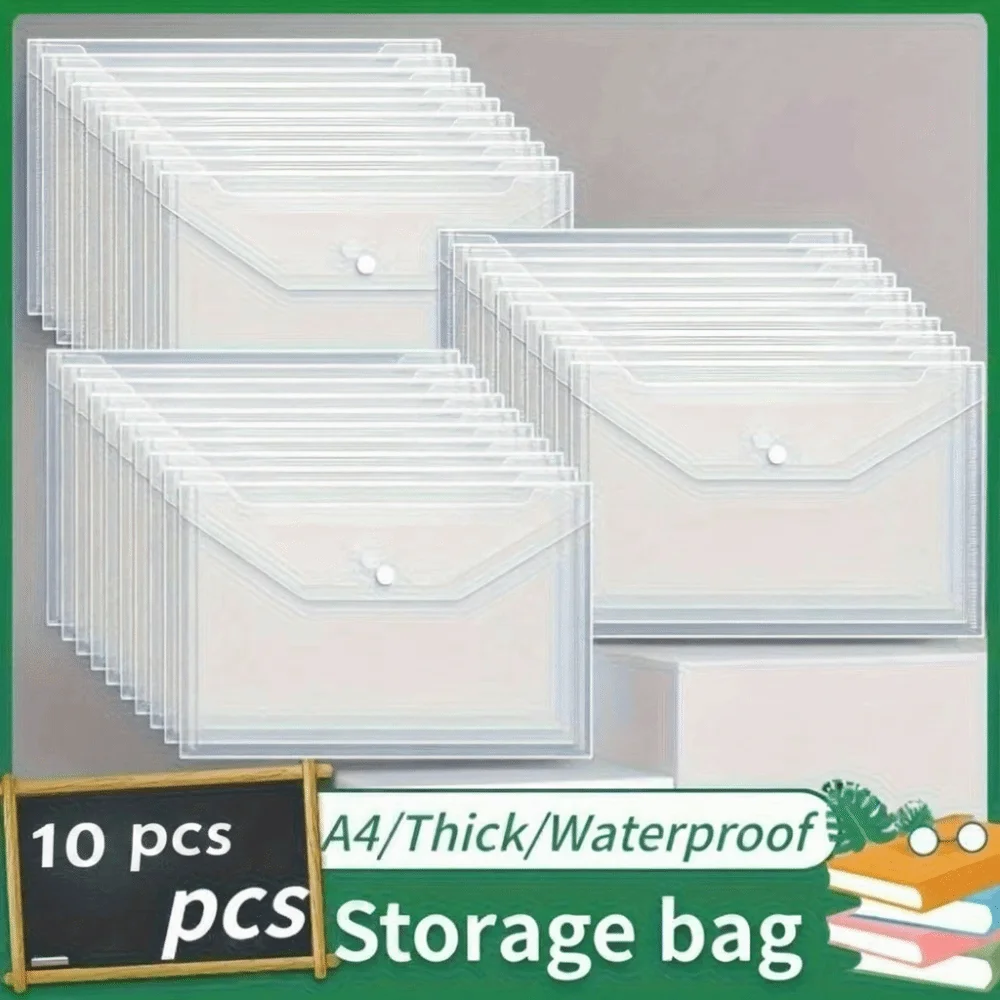 10 Pcs Clear A4 File Folders Large Capacity Storage Bag Document Pouch Plastic Durable Document Bag Office, Home Organization