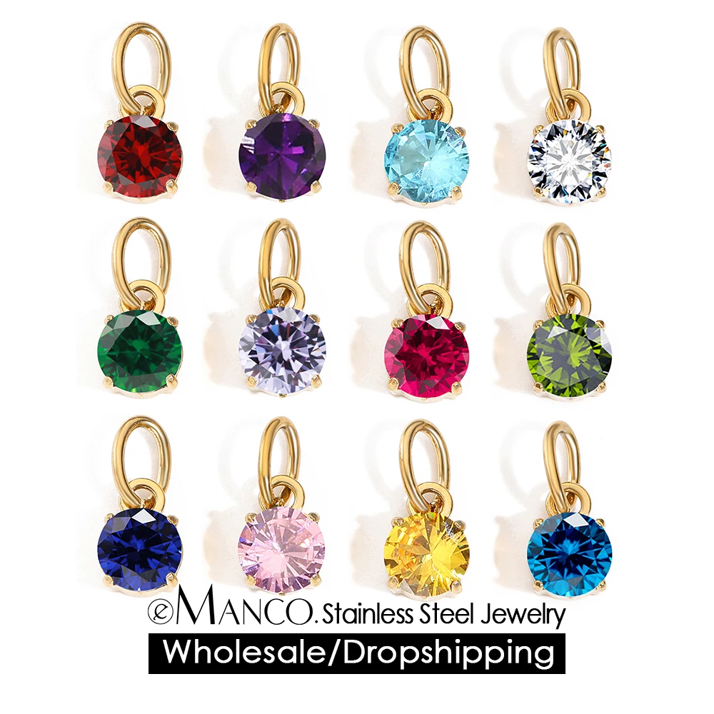 EMANCO 6MM Zirconia Pendant Charm Stainless Steel Birthstone Pendant Necklace Role Play Jewelry DIY Wholesale