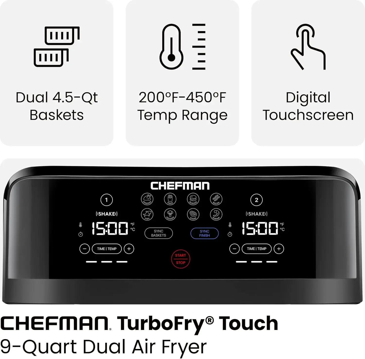 TurboFry Touch Dual Air Fryer เพิ่มอาหารเพื่อสุขภาพสูงสุดด้วยความจุตะกร้าคู่ การควบคุมแบบดิจิตอลด้วยปุ่มเดียว และ Shake R