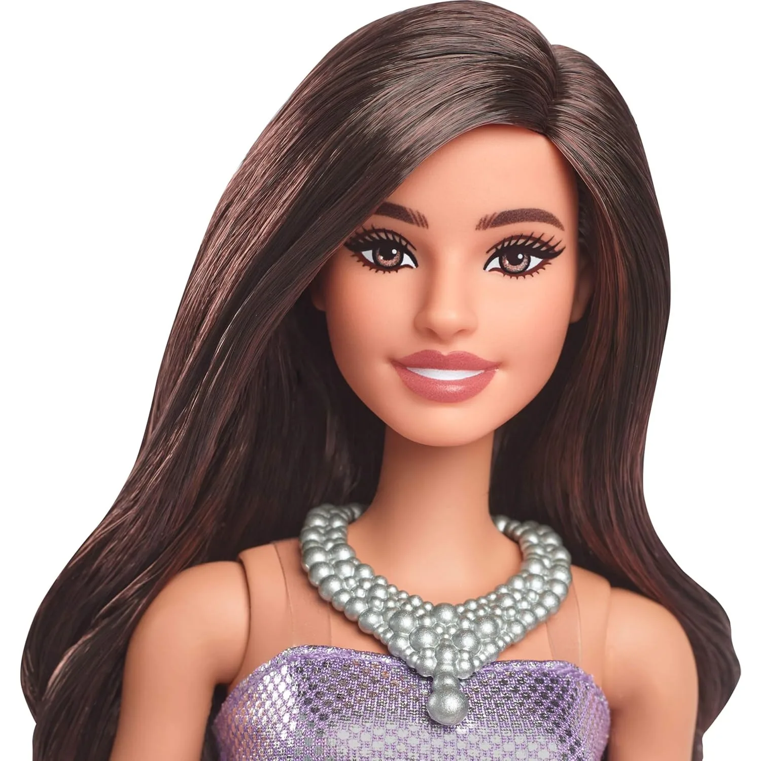 barbie fashionista barbie doll purple dress Barbie Fashionistas Doll #234 in Sequined Purple Dress and Silvery Accessories, Brown Hair