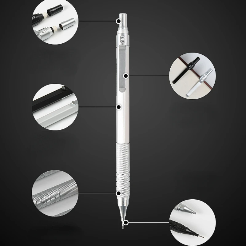 Zestaw ołówków mechanicznych w całości z metalu Art Sketch 0.3 0.5 0.7 0.9 2.0mm HB Leads Chowana stalówka Szkolny ołówek do pisania Prezent Artykuły papiernicze